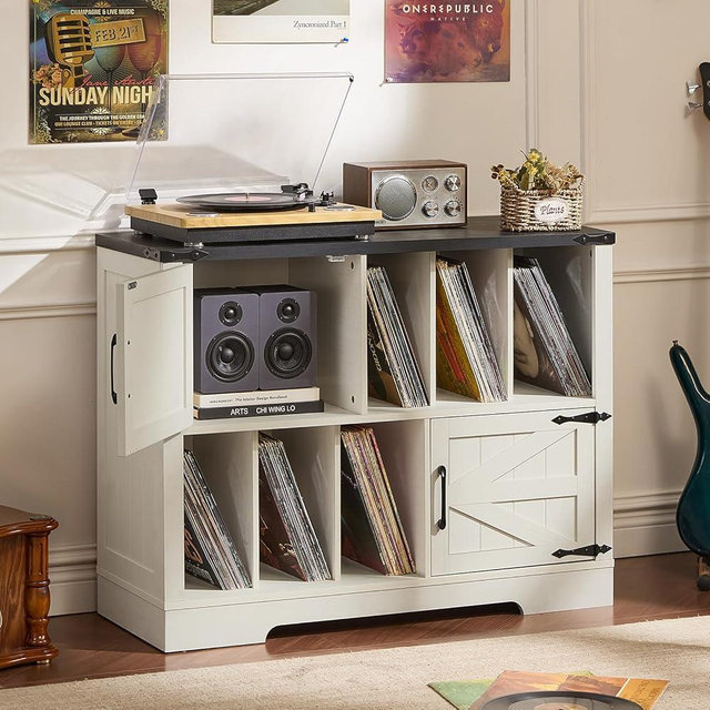 Joaxswe Large Record Player Stand with Vinyl Storage Up to 450 Albums, 39 Inch Farmhouse Rustic Wood White Storage Cabinet with Barn Doors, Vintage Mid-Century Turntable Stand for Bedroom, Living Room