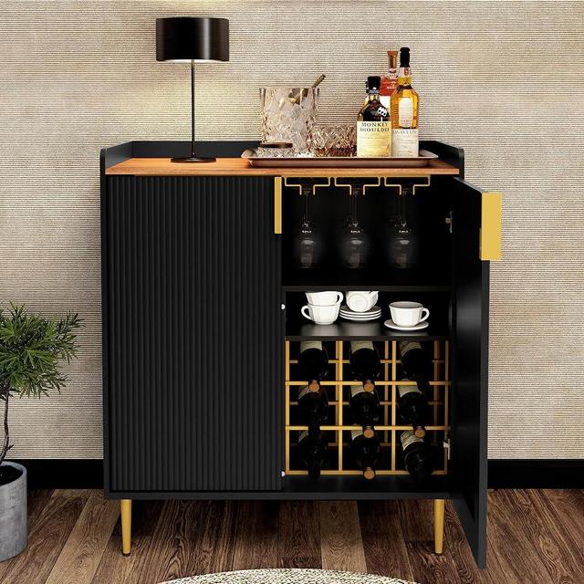 ARTPOWER Sideboard Buffet Cabinet with Fluted Textured, Modern Coffee Bar Cabinet with Wine Rack&Drawers, Black Liquor Cabinet for Kitchen Dining Room, Living Room