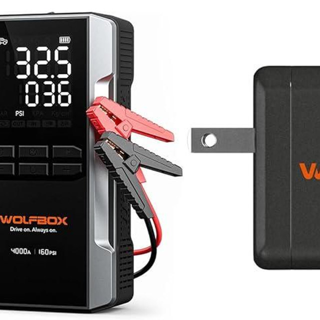 WOLFBOX 4000A Jump Starter with 160PSI air Compressor and 65W Fast Charge Adapter