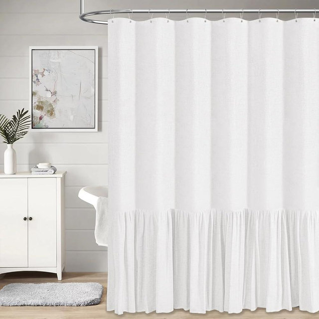 BTTN Wide Linen Textured Shower Curtain - 84x72 Inch Farmhouse Heavy Duty Fabric Shower Curtain Set with Ruffle Hem, Large Vintage Shabby Chic Cloth Shower Curtains for Bathroom Decor - White