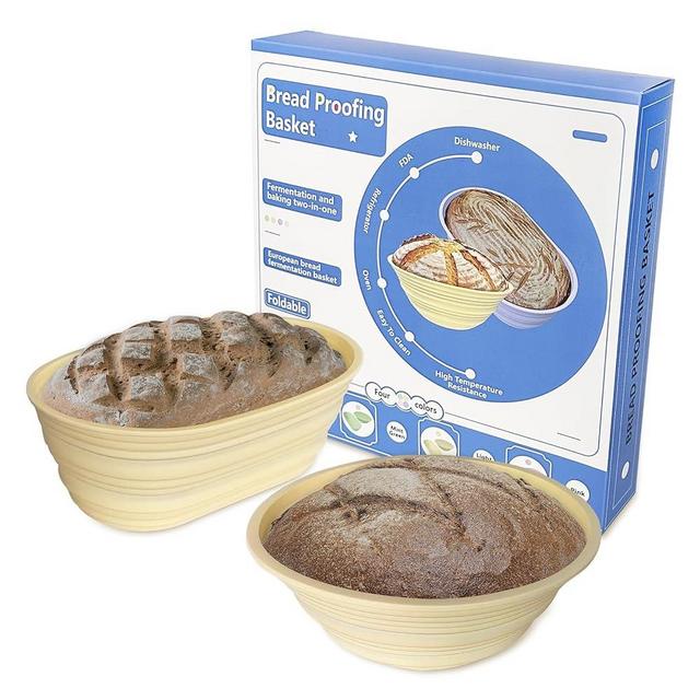 TMYIOYC Silicone Sourdough Bread Baking Supplies, 10 inch Oval & 9 inch Round Sour Dough Starter Kit, Foldable Banneton Bread Proofing Basket, Set of 2 Proofing Bowls for Sourdough Bread Baskets