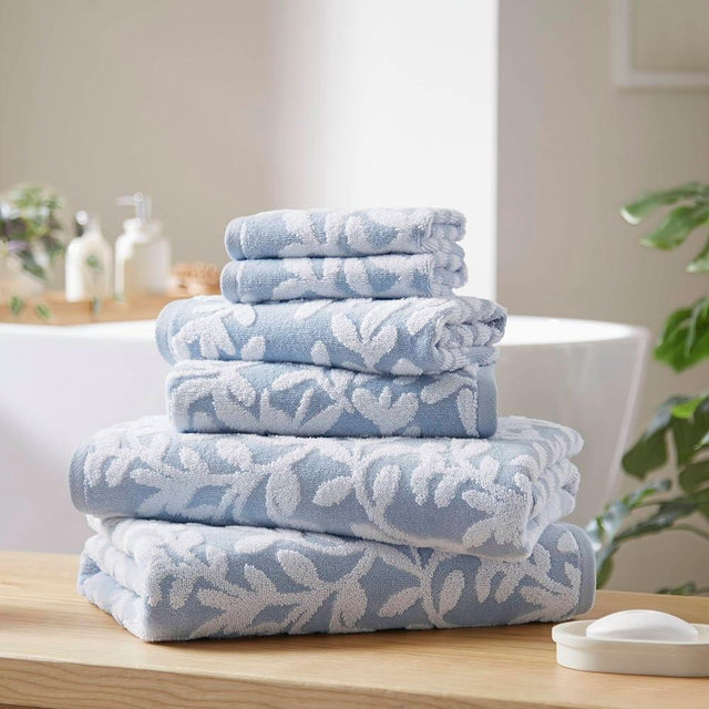 Madison Park Floral Decorative Towel Set of 6, Zero Twist Cotton Bath Towel Set with Botanical Leaf Pattern, Soft Absorbent Quick Dry Bathroom Towels, Bath Hand Washcloth Set, Blue