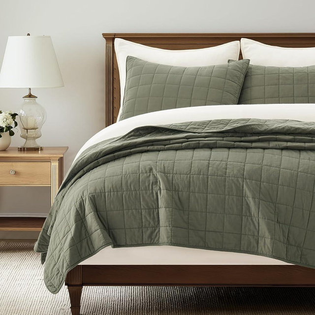 EVERGRACEHOME 100% Cotton Box Stitch Quilt Bedding Set King Size 3 Pieces, Garment-Washed Lightweight Soft Cozy Coverlet, Oversized Quilted Bedspread Sets with 2 Shams for All Season, Olive Green