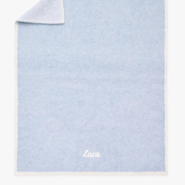 Border Baby Blanket - Chambray Blue , Connect Script Font , White Stitching to saty “Luca”
