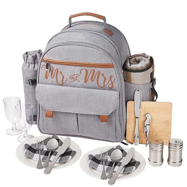 AW BRIDAL Insulated Picnic Backpack Bag for 2 Person with Waterproof Cooler Compartment, Detachable Wine Holder, Fleece Blanket and Cutlery Set