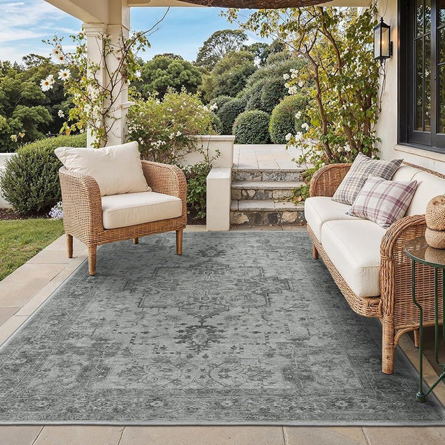 GENIMO Outdoor & Indoor Area Rug 5'x8', Waterproof, Non-Shedding, Easy Cleaning, Boho Mat for Patio, Living Room, Balcony, Dining Room, RV, Deck, Bedroom, Camping, Outside Carpet,Dark Grey