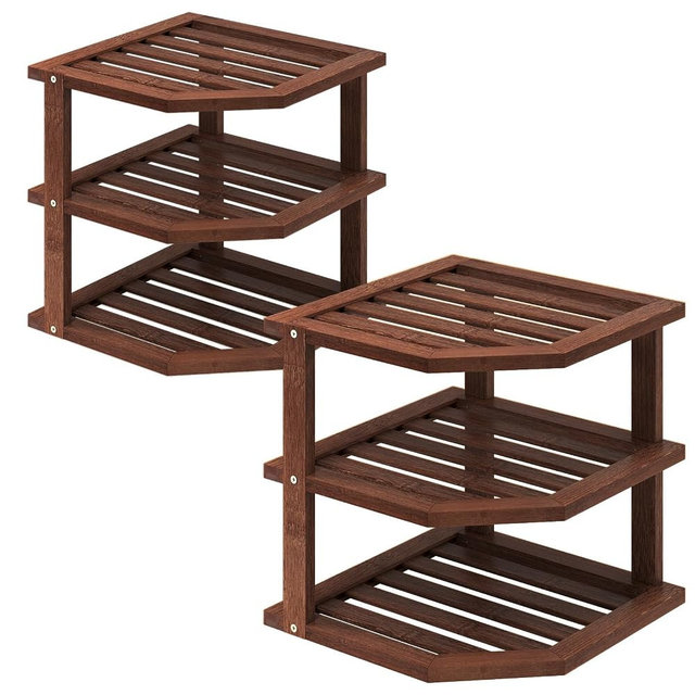 VERTORGAN 3 Tier Bamboo Corner Shelf(2 pack),Dish Drying Rack,Plate Organizer,Kitchen Spice Rack for Countertop and Cabinet,Pantry Organization and Storage(Brown)