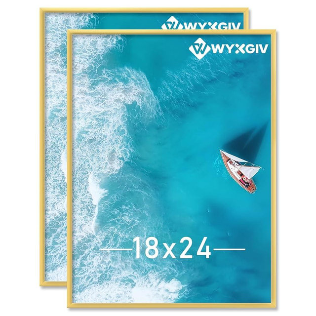 Wyxgiv 18x24 Picture Frame Set of 2, Scratch-Proof Gold Frame Lightweight yet Sturdy Display Poster Artwork 18 x 24 Horizontally/Vertically - Slide-In Strips|2 Packs|Gold|18"x24"