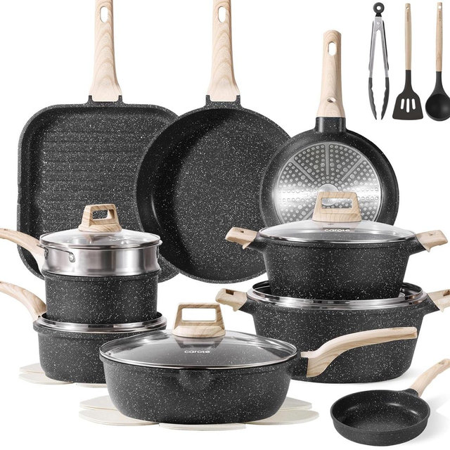 CAROTE 22Pcs Pots and Pans Set, Nonstick Cookware Sets, Granite Induction Cookware Non Stick Cooking Set w/Frying Pans & Saucepans(PFOS, PFOA Free)