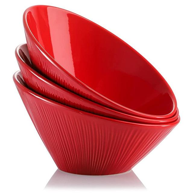 AVLA Set of 3 Ceramic Salad Bowls, 26 OZ Angled Serving Bowl Set Large Stackable Slanted Bowls for Fruits, Salads and Cereal, Striped, Vintage Red