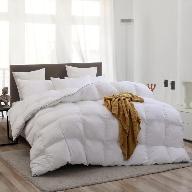 L LOVSOUL White Goose Down Fiber and Feather Fiber Comforter King 100% Egyptian Cotton Comforter 1200 Thread Count Baffle Box Stitched Down Duvet Comforter with Corner Tabs for All Season 106x90Inches