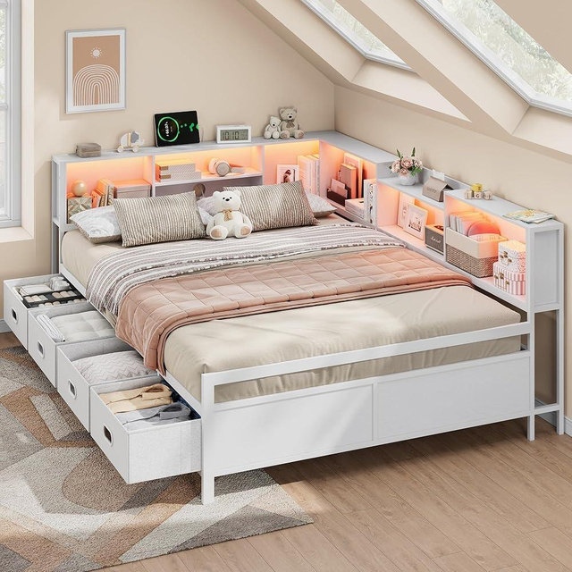 Harpaq Full Size Corner Bed Frame with LED Lights, Charging Station & 8-Bookcase Headboard, Metal Platform Corner Bed with 4 Storage Drawers, Full Daybed for Kids Teens Guests, White