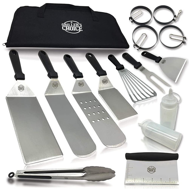 Grillers Choice- 16 PC Griddle Accessories Set- Metal Spatula Set, Commercial Heavy Duty Stainless Steel,Flat Top,Grill,Indoor-Outdoor,Hibachi,BBQ Grilling Utensils- Designed By Chef and BBQ Judge
