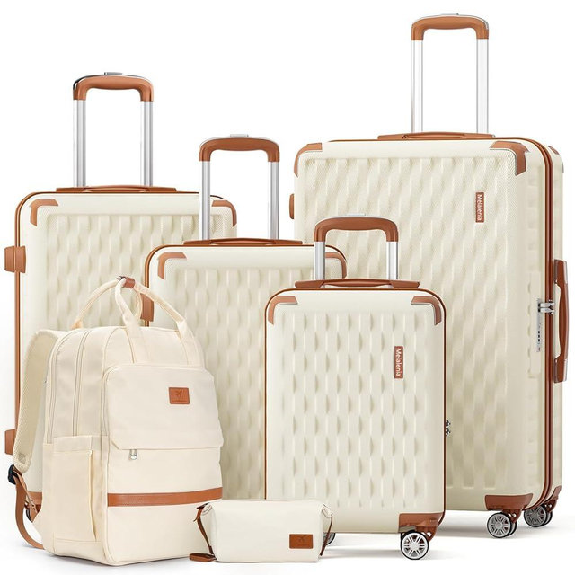 Melalenia Suitcase Sets 6 Piece Hard Shell Carry on Luggage with Spinner Wheels and TSA Lock, Lightweight Travel Backpack for Women, Beige Brown