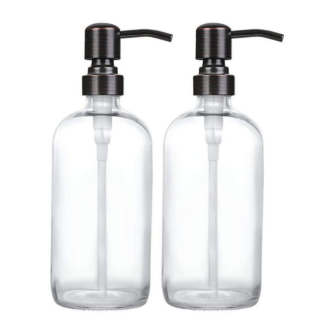 2 Pack Thick Clear Glass Boston Round Bottles/Oil Rubbed Bronze Stainless Steel Pumps, 16 Ounce Jar Soap Dispenser with Rustproof Pump for Essential Oil, Liquid Soap