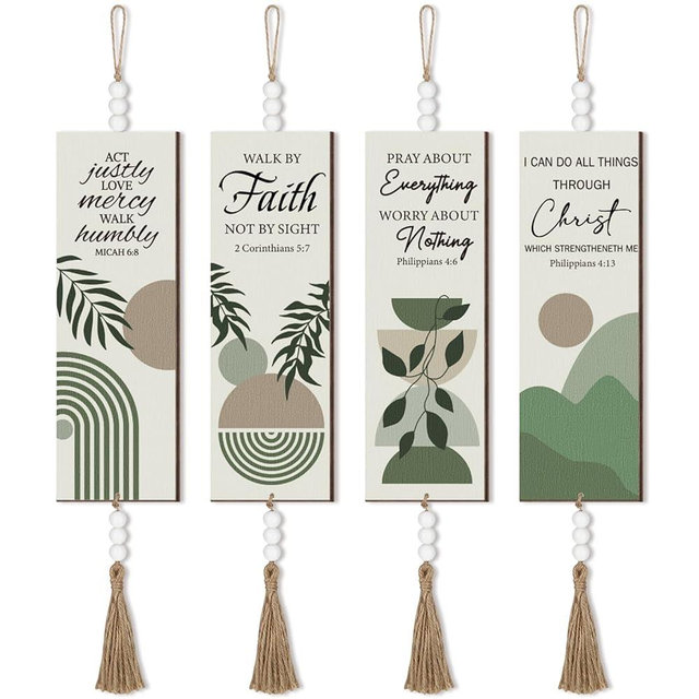 4 Pieces Bible Verses Wall Art Wooden Christian Boho Wall Decor with Beads Hanging Sign Inspirational Prayer Plaque Motivational Prayer Room Decor for Office Kitchen Bedroom Wood Sign Set (Bright)