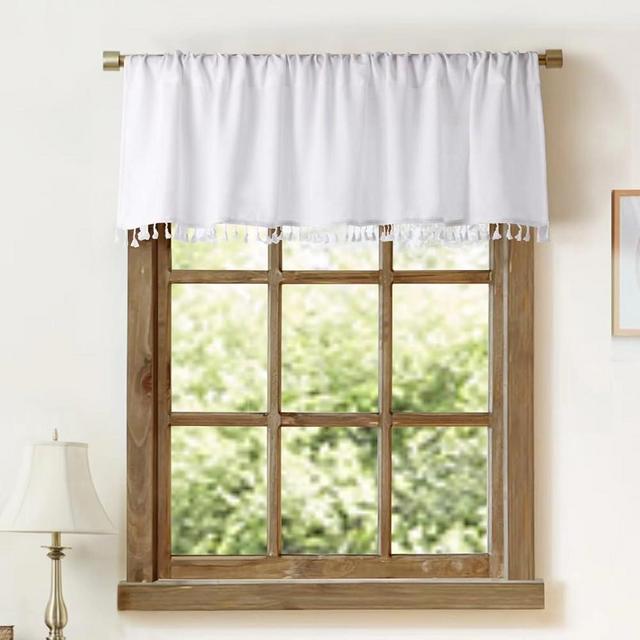 Faux Linen Tassel Kitchen Valances for Windows Modern Farmhouse White Valance Curtains Topper Country Rustic Bathroom Small Window Treatment Boho Decor (54x15 inch, White Tassels)