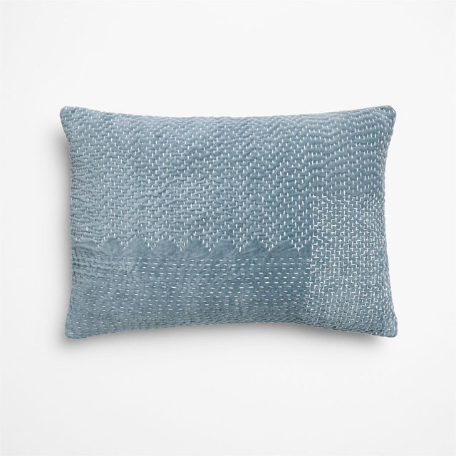 Sashiko Organic Cotton Velvet 22"x15" Blue Throw Pillow with Down-Alternative Insert