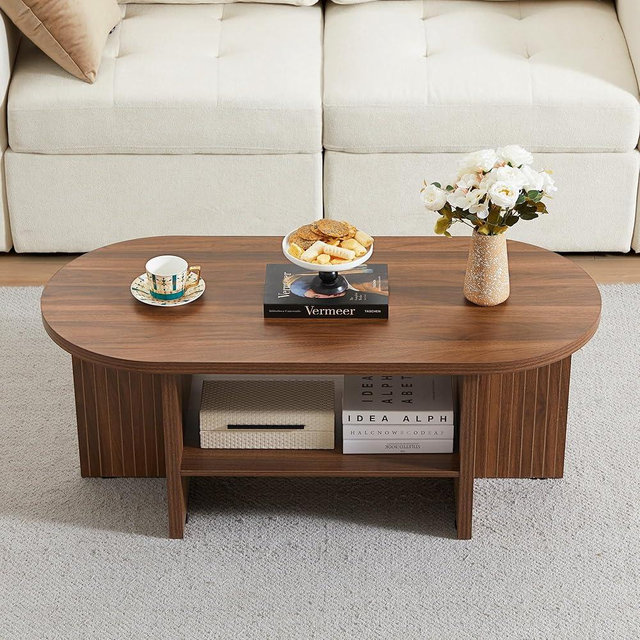 XUZENEST 43.3” Coffee Table with Storage, Oval Coffee Tables for Living Room, Farmhouse Fluted Coffee Table with Large Storage Shelf, Wood Center Table for Small Space, Walnut