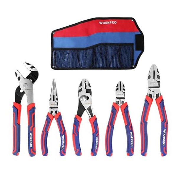 WORKPRO Pliers Set, Premium Cr-V Construction, Includes 6 Inch Slip Joint, Long Nose, Diagonal Cutting, 8 Inch Groove Joint, 7 Inch Linesman and Storage Pouch, for Basic Repair