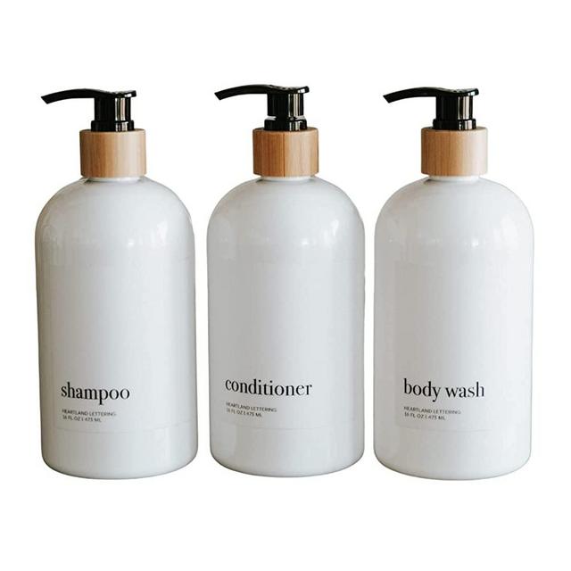 Plastic Shampoo and Conditioner with Bamboo Top Dispenser, Bamboo Bathroom Accessories, Shower Bottles Refillable with Labels, Set of 3