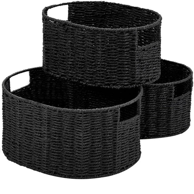 Vagusicc Wicker Basket, Set of 3 Round Storage Baskets for Organizing, Woven Paper Rope Wicker Storage Basket with Handles, Black Cube Storage Organizer Bins Baskets for Shelves & Decor, Black