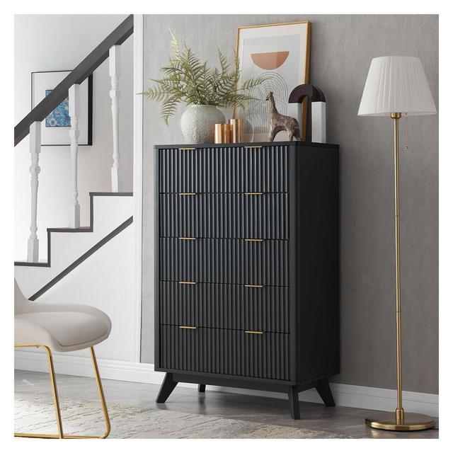 48" Tall Modern Dresser with 5 Drawers, Fluted Chest of Drawers with Faux Marble Top, Wood Drawer Organizer for Bedroom, Living Room, Black