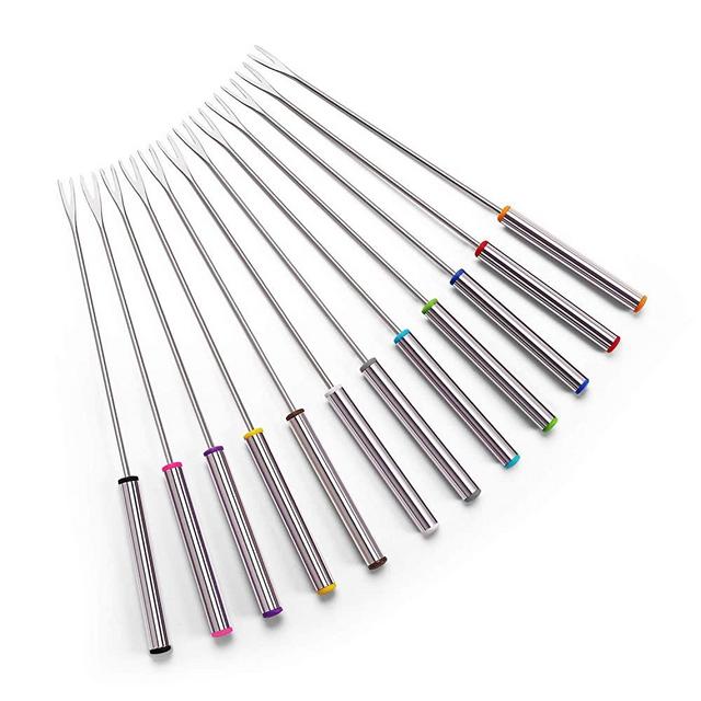 Set of 12 Stainless Steel Fondue Forks 9.5" - Color Coding Cheese Fondue Forks with Heat Resistant Handle for Chocolate Fountain Cheese Fondue Roast Marshmallows by Sago Brothers