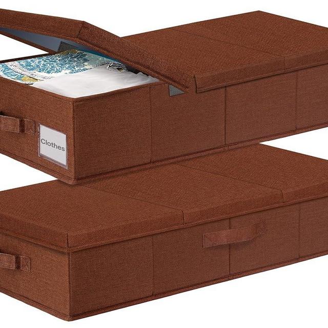 punemi Under Bed Storage Containers Bin with Lids, Large UnderBed Storage Organizer with Sturdy Structure, Foldable Flat Clothes Storage Bins for Organizing Bedroom Closet Comforter, 2 Pack Brown