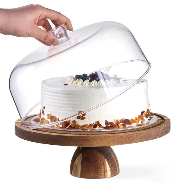Acacia Wood Cake Stand with Lid – 12 Inch Round Dessert Holder, 2-in-1 Cake Stand & Charcuterie Board for Seasonal Gathering, Dinner Party Essentials or Tabletop Decor - Large Acrylic Cake Dome Cover