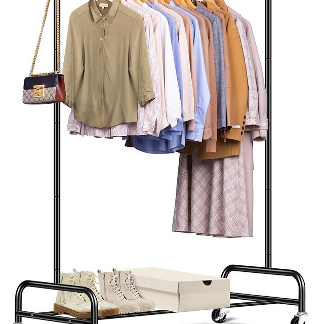 SLEEPING LAMB Heavy Duty Clothing Racks for Hanging Clothes Rack, 43" Wide Rolling Garment Rack Metal Clothing Hanger Rack with Wheels Wardrobe Rack for Coats, Shirts, Dress, (Black)