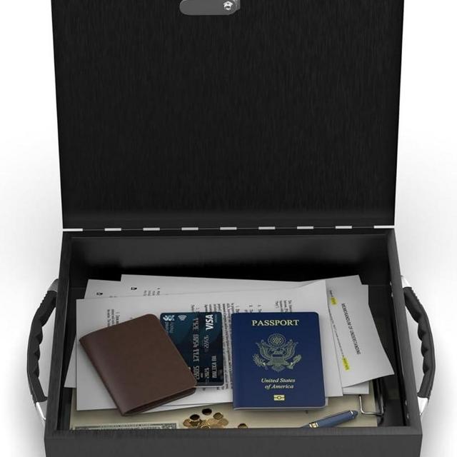 Fire Retardant Strong Box Security Chest, Fire Resistant Steel Lock Box to Safeguard Vital Documents, Medicine, Money, 0.25 Cubic Feet, 12.2" x 10.2" x 3.5" Interior, Black