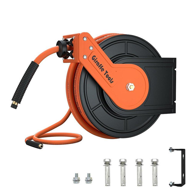 Giraffe Tools TA15BPLUS Retractable Air Hose Reel with Swivel Bracket 3/8" x 50 ft Hybrid Hose, Ceiling/Wall Mounted Heavy Duty Industrial Air Compressor Hose Reel, 300PSI, 50ft