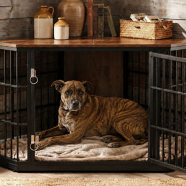 Corner Dog Crate Furniture and Wooden End Table - Walnut/Black, 28" H x 52" W x 26.7" D