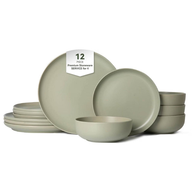 12-Piece Stoneware Dinner Plates & Bowls Set for 4 | Matte Glaze | Microwave & Dishwasher Safe | Non-Toxic, Stackable Dinnerware,Green -- Frevyn