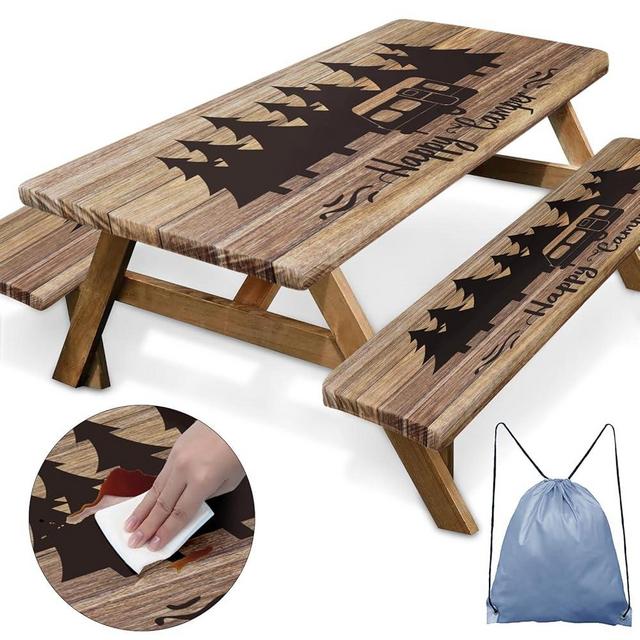 Britown Picnic Table Cover with Bench Covers Elastic Edges, Wooden Camper Fitted Table Cover, Outdoor Patio Camping Essentials 72 Inch 3PCS, Waterproof Camping Fitted Tablecloth with Drawstring Bag