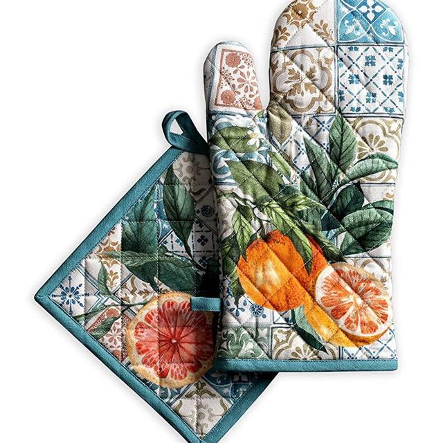 Maison d' Hermine Oven Mitt + Pot Holder 100% Cotton Heat Resistant Kitchen Oven Gloves (7.5"x13") & Hot Pads (8"x8"), Chef, Women & Men Parties Microwave, Agrume - Spring/Summer