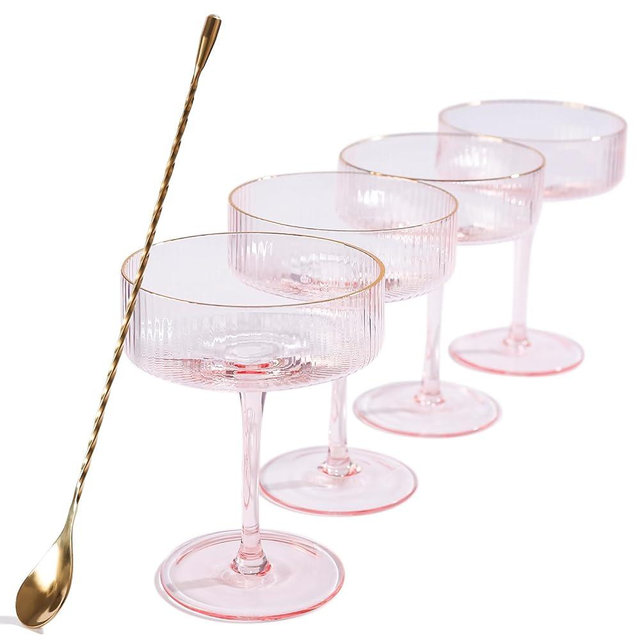 comfit Blush Pink Vintage Ribbed Coupe Glasses Set, Gold Rim, 10 oz - Perfect for Cocktails, Champagne, Martini - Elegant Hand Blown Glassware for Bar, Gifts, Weddings - Set of 4 with Gift Box