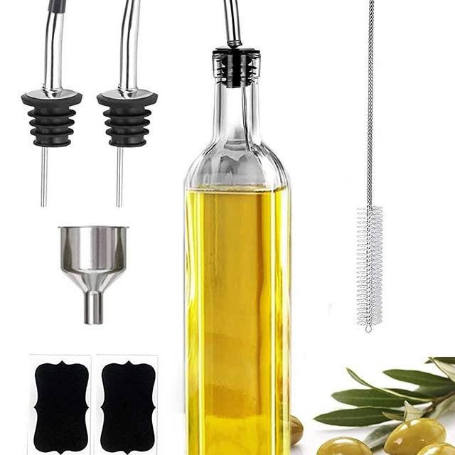 Leaflai Olive Oil Dispenser Bottle, 2 Pcs Glass Olive Oil Dispenser and Vinegar Dispenser Set with 2 Stainless Steel Pourers, 4 Labels,1 Brush and 1