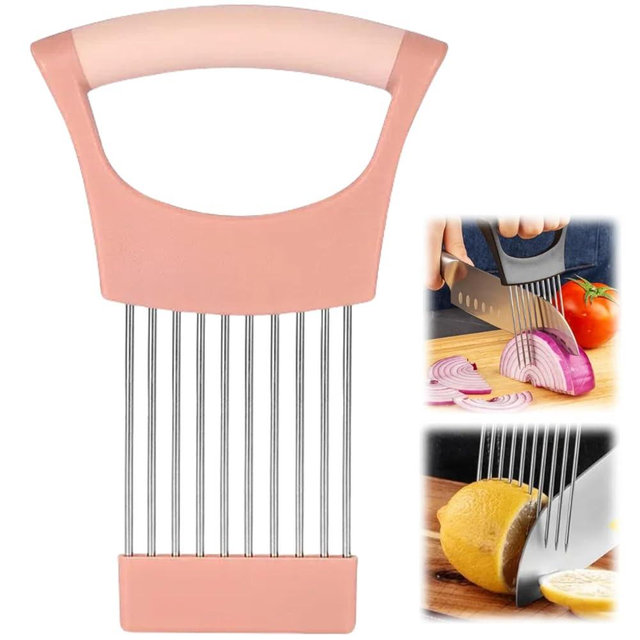 Onion Slice Holder, Stainless Steel for Slicing & Cutting Onions, Meat, Potatoes, Tomatoes - Assistant Tool, Kitchen Gadgets (Pink, 1 Pack)