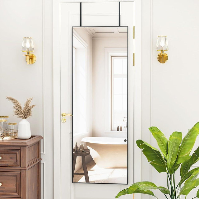 Antok Door Mirror, Full Length Mirror Over The Door, 14'' x 48'' Hanging Mirror, Rectangular Wall Mirror, Wall Mounted/Hanging/Leaning, Home Decor, Black