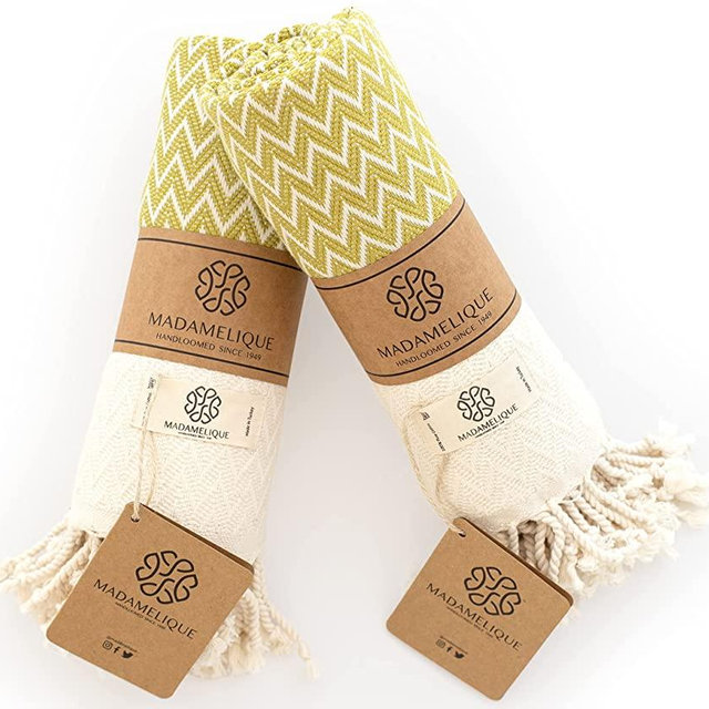 Madamelique Exclusive Hand Towels Set of 2 - 18 x 40 Inches - Decorative Bathroom Peshtemal Towel for Hand, Face, Hair, Yoga, Tea, Dishcloth, Kitchen and Bath - 100% Pure Cotton (Mustard)
