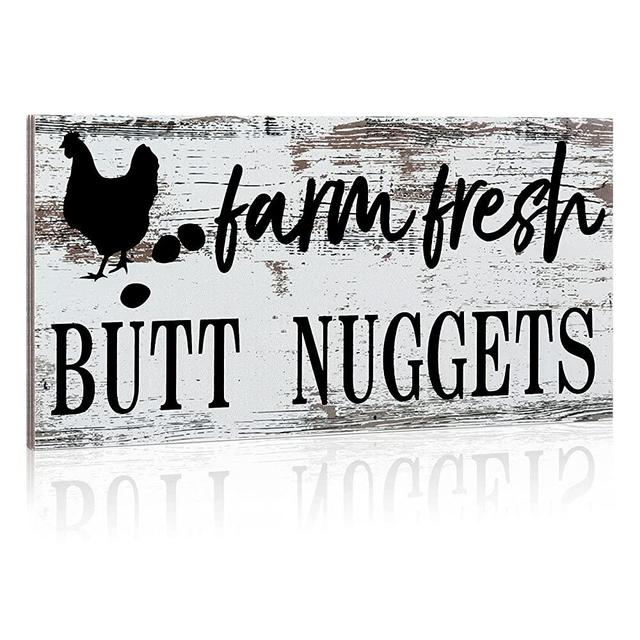 Farm Fresh Butt Nuggets Chicken Decor Wall Plaque Hanging Sign Rustic Hen House Decoration Farmhouse Wooden Wall Decoration for Home Kitchen Decoration (Retro Color)