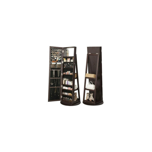 SONGMICS Mirror Jewelry Cabinet Organizer 360° Rotating Jewelry Armoire Storage Box w/ Full Length Mirror for Female Brown