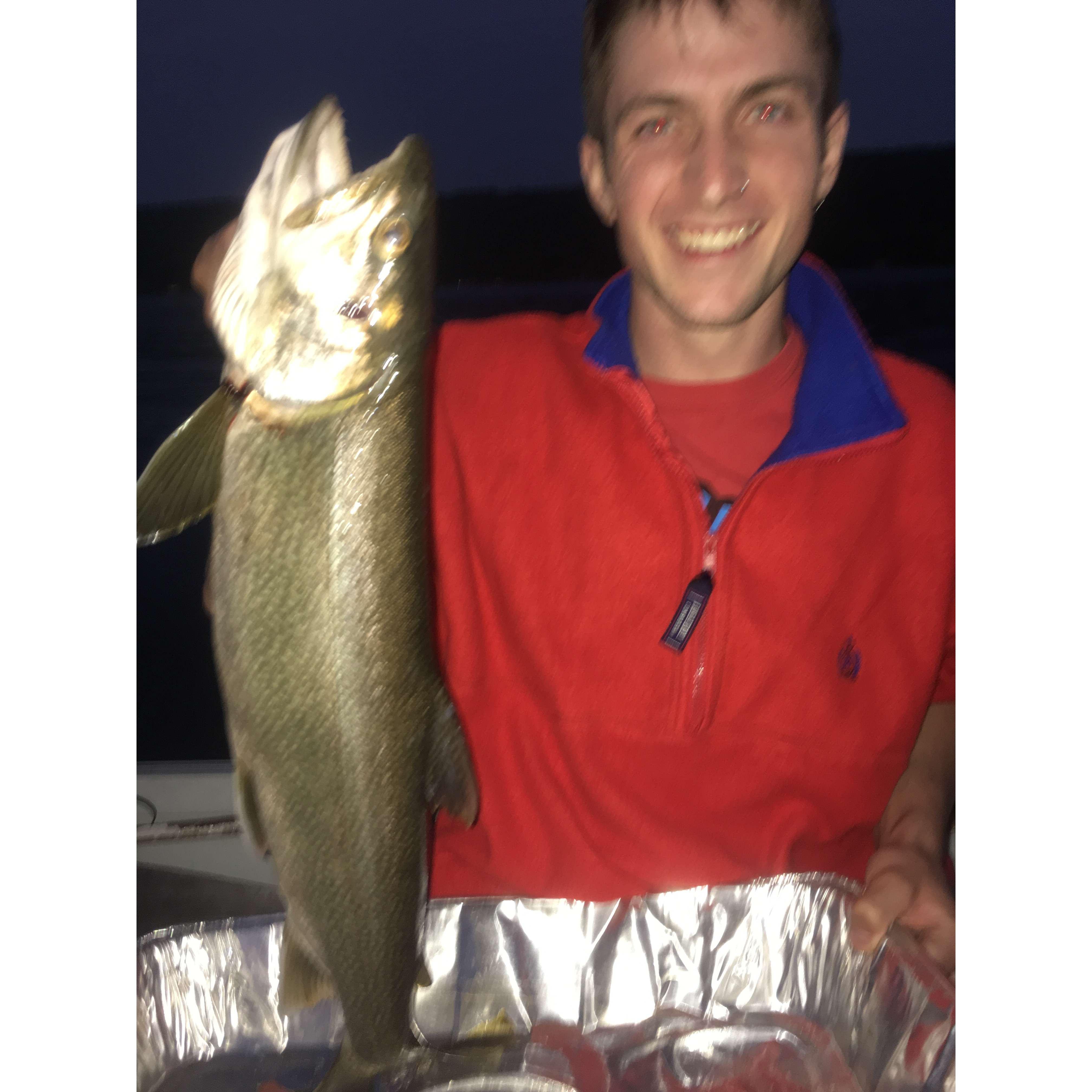 Sam and Peggy (Sam's great aunt) caught a fish.