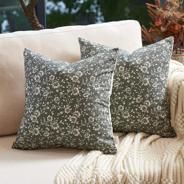 Alerfa Set of 2 Floral Pillow Covers 18x18, Vintage Block Print Throw Pillow Covers Decorative Farmhouse Accent Couch Pillows for Living Room Bedroom, Dark Olive-Green