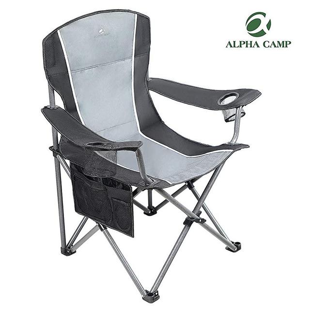 ALPHA CAMP Oversized Camping Folding Chair Heavy Duty Steel Frame Support 350 LBS Collapsible Padded Arm Chair with Cup Holder Quad Lumbar Back Chair Portable for Outdoor/Indoor