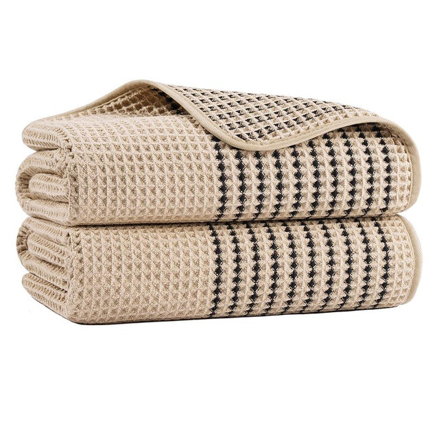 MICROFI New Microfiber Waffle Bath Towels, 2 Pieces, Soft, Absorbent, Fast Drying, Lint Free 430 GSM (Beige Striped)