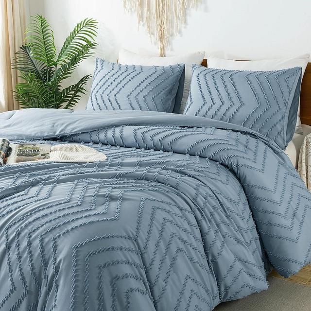 Litanika Grayish Blue Comforter Set Queen Size, 3 Pieces Chevron Tufted Bedding Set, All Season Bed Set (90x90In Comforter and 2 Pillow Shams)