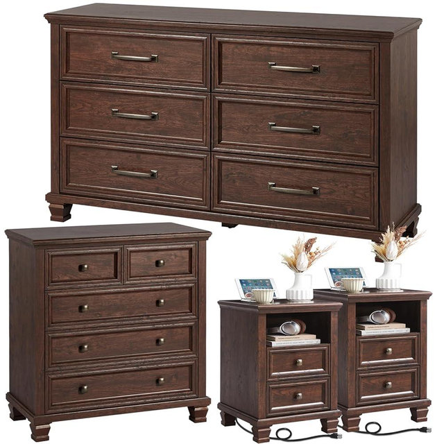 SAVOR LIFE Farmhouse Dresser and Nightstand Sets of 4 Piece, 5/6 Drawer Dresser and 2 Drawer Nightstand Set, Rustic Wood Bedroom Furniture Set for Home, Hallway,Walnut